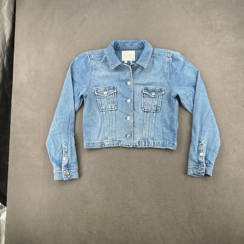 PAIGE Women Light Wash Cropped Denim Trucker Jacket Blue Size M Cotton Lyocell